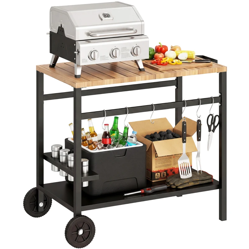 Outsunny Carrito de Barbacoa de 2 Niveles Mesa Auxiliar para Barbacoa Móvil con Ruedas Portabebidas Ganchos Asa Negro y Marrón