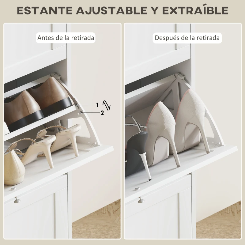 HOMCOM Mueble Zapatero Moderno con 3 Cajones Abatibles y Estantes Ajustables para 18 Pares de Zapatos 60x23,5x115 cm Blanco