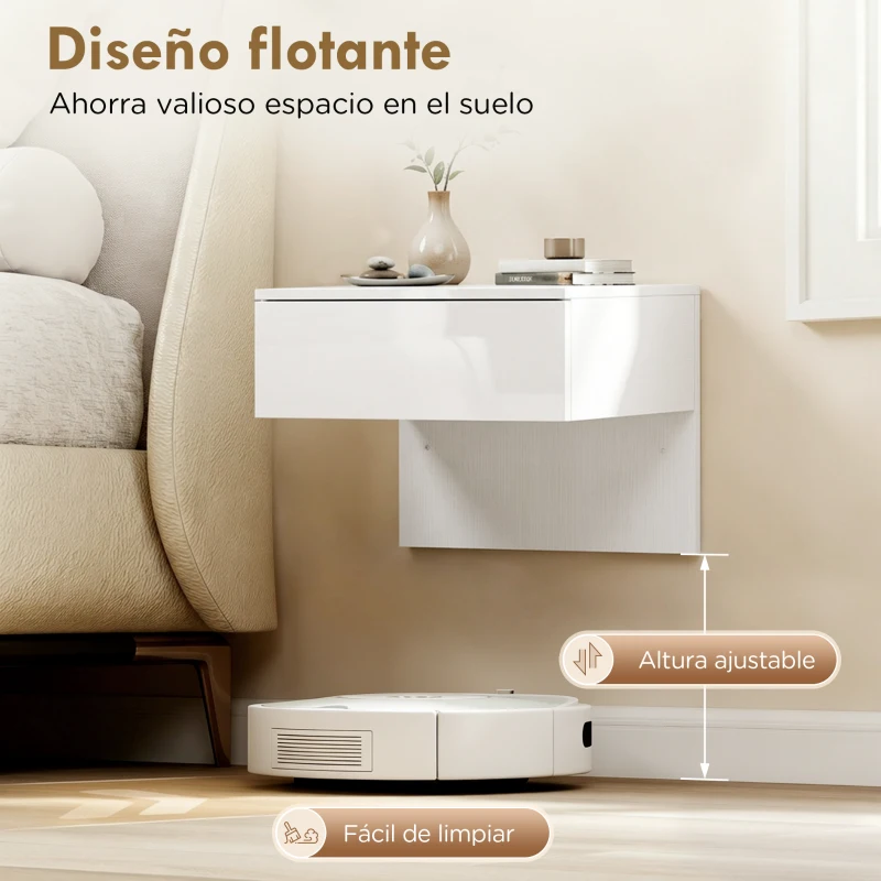 HOMCOM Juego de 2 Mesitas de Noche Flotantes con Cajón Montado en la Pared para Dormitorio 40x35x36,2 cm Blanco Brillo