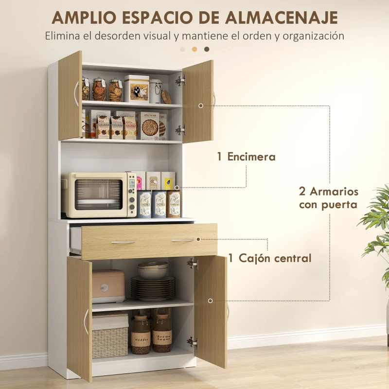 HOMCOM Mueble Auxiliar de Cocina con Puertas Cajón y Estantes Ajustables Antivuelco 80x40x180 cm Natural y Blanco