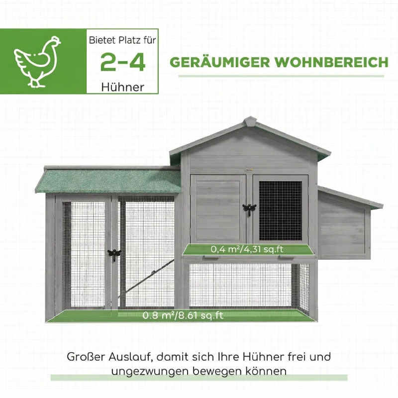 PawHut Hühnerstall Holz Hühnerhaus mit Freilaufgehege Nistkasten Rampe herausziehbarem Tablett für 2-4 Hühner 168x75x103cm Grau
