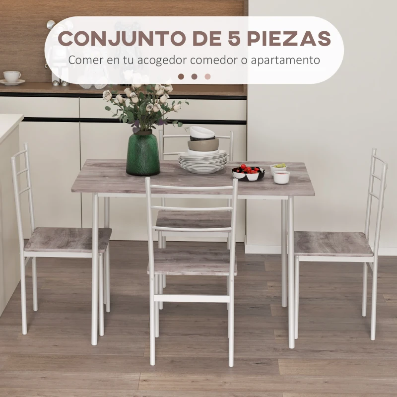 HOMCOM Conjunto de Comedor 5 Piezas Juego de 1 Mesa y 4 Sillas con Pies Acero para Cocina 110x70x75 cm Madera Natural y Blanco