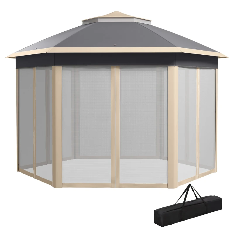 Outsunny Paviljoen 4x4 tuinpaviljoen zeshoekig opvouwbaar met draagtas dubbel dak beige+ kaki