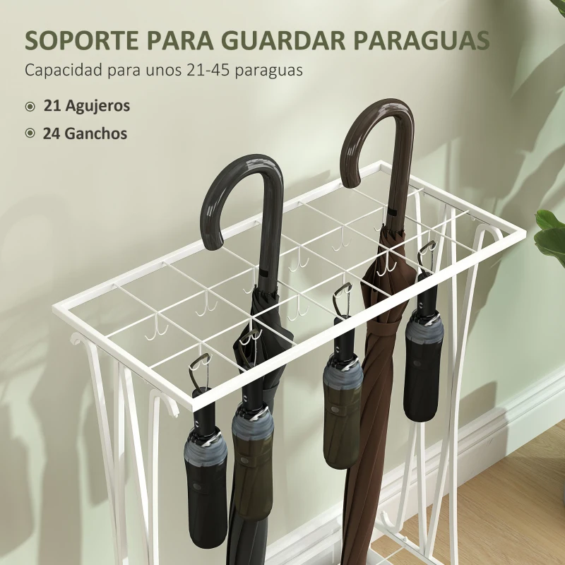 HOMCOM Paragüero Moderno de Acero con 21 Espacios y 24 Ganchos Bandeja Recogegotas Extraíble para Entrada 50x24x68 cm Blanco