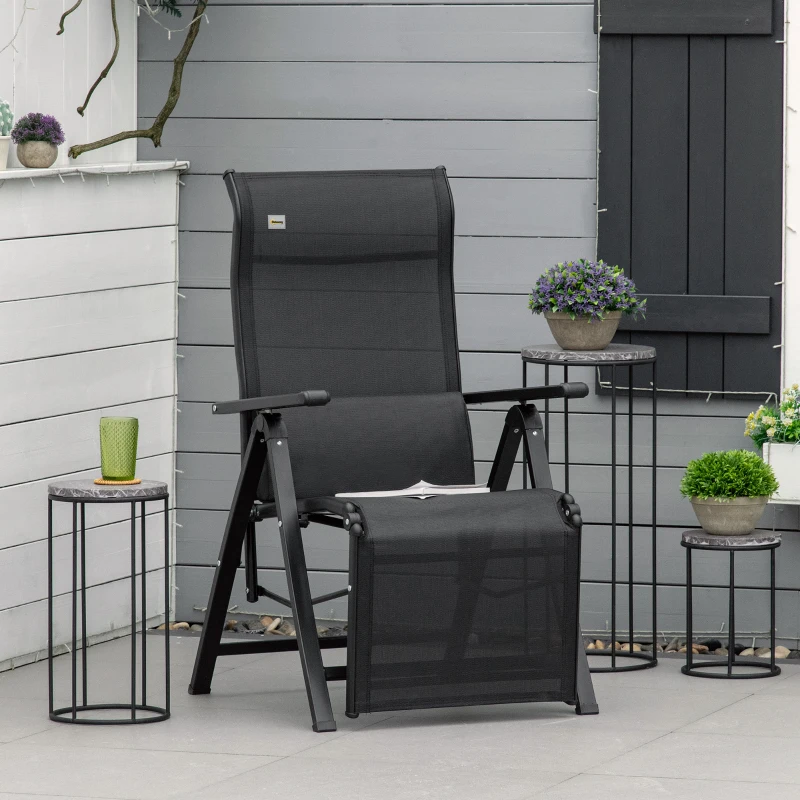 Outsunny Silla Reclinable Plegable de Jardín con Respaldo Ajustable en 9 Posiciones y Cojín Lumbar 70x65x111 cm Negro