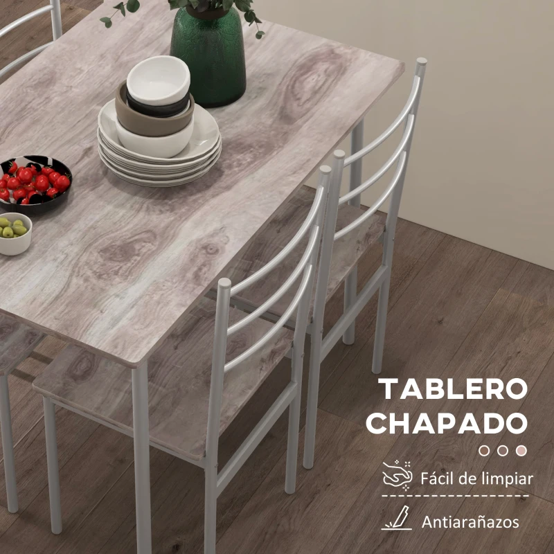 HOMCOM Conjunto de Comedor 5 Piezas Juego de 1 Mesa y 4 Sillas con Pies Acero para Cocina 110x70x75 cm Madera Natural y Blanco