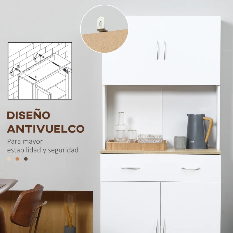 HOMCOM Armario Alacena de Cocina con Cajón 4 Puertas y Estantes Interiores Ajustables Mueble de Almacenaje 80x40x180 cm Blanco