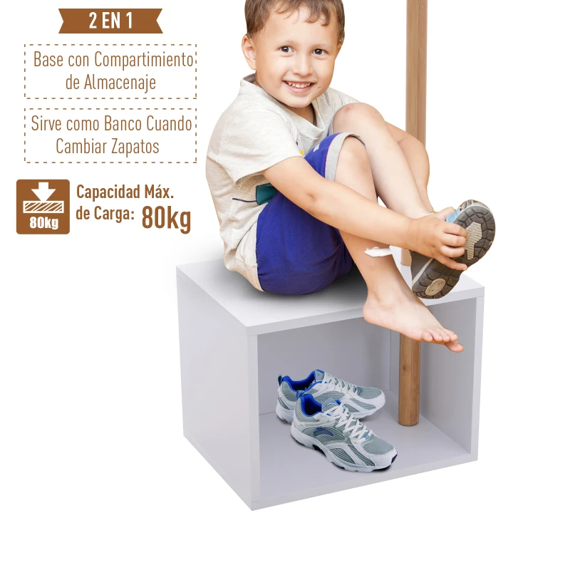 HOMCOM Perchero de Pie con Zapatero Colgador Tipo Árbol Moderno 6 Ganchos para Colgar Ropa Bolsa Banco con Almacenamiento Pasillo Entrada Bambú y MDF 40x30x180cm