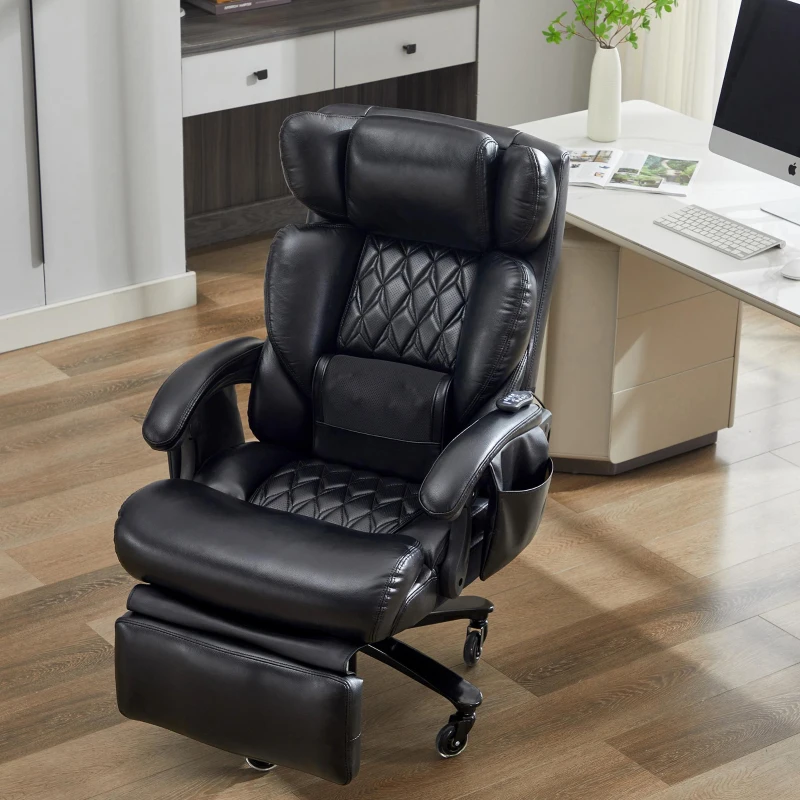Sillón ejecutivo con función de masaje y calefacción, silla de oficina ergonómica con piel sintética, reposapiés extensible, 88 x 70 x 112,5 cm, Negro