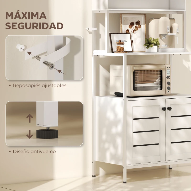 HOMCOM Estantería de Cocina con Toma de Corriente Soporte para Microondas con 2 Puertas 2 Puertos USB y Compartimentos Blanco