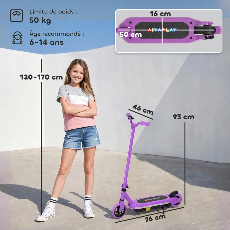 AIYAPLAY Trottinette électrique pour enfants 6-14 ans, vitesse maximale 10 km/h, lumières LED colorées, frein électrique, violet(m-3)