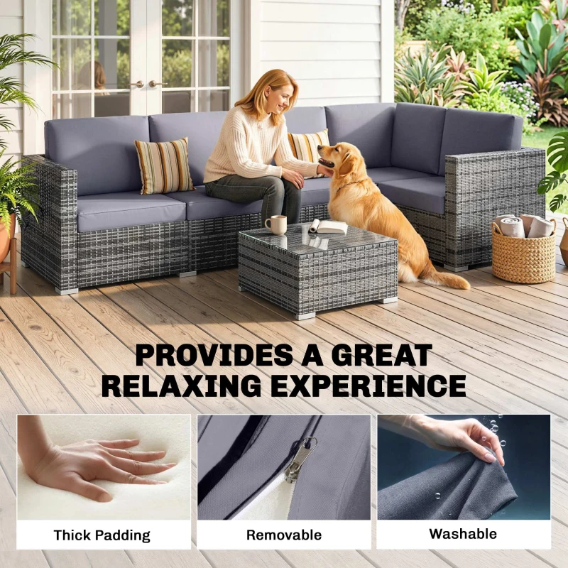 Outsunny 4 Pieces Rattan Garden Furniture Set, Wicker Outdoor Furniture Set with Corner Sofa Loveseat Coffee Table Cushions, Conservatory Furniture Set for Patio Balcony Poolside, Grey