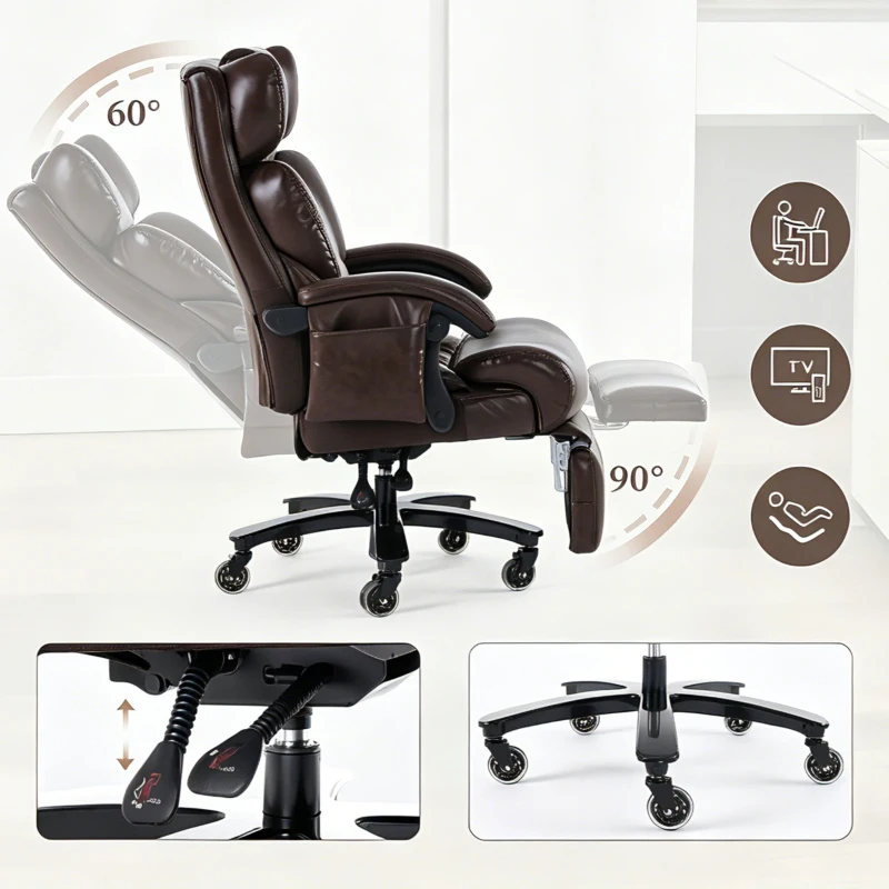 Fauteuil de direction avec fonction massage et chauffage, chaise de bureau ergonomique en simili cuir, repose-pieds extensible, 88 x 70 x 112,5 cm, Marron