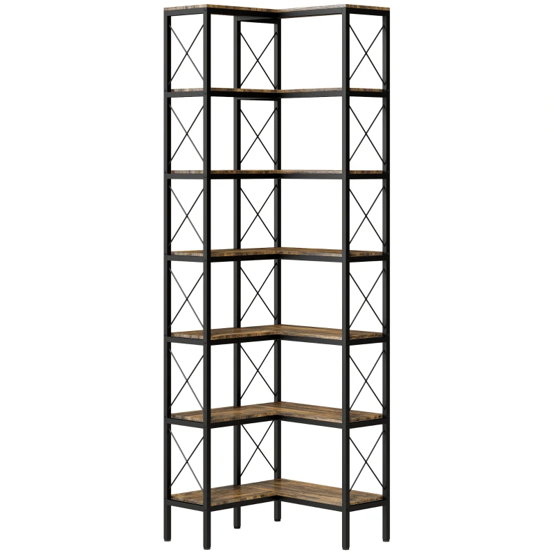 HOMCOM Bibliothèque d'angle à 6 niveaux, meuble de rangement en métal pour salon, chambre, bureau, 60x60x200cm, brun rustique