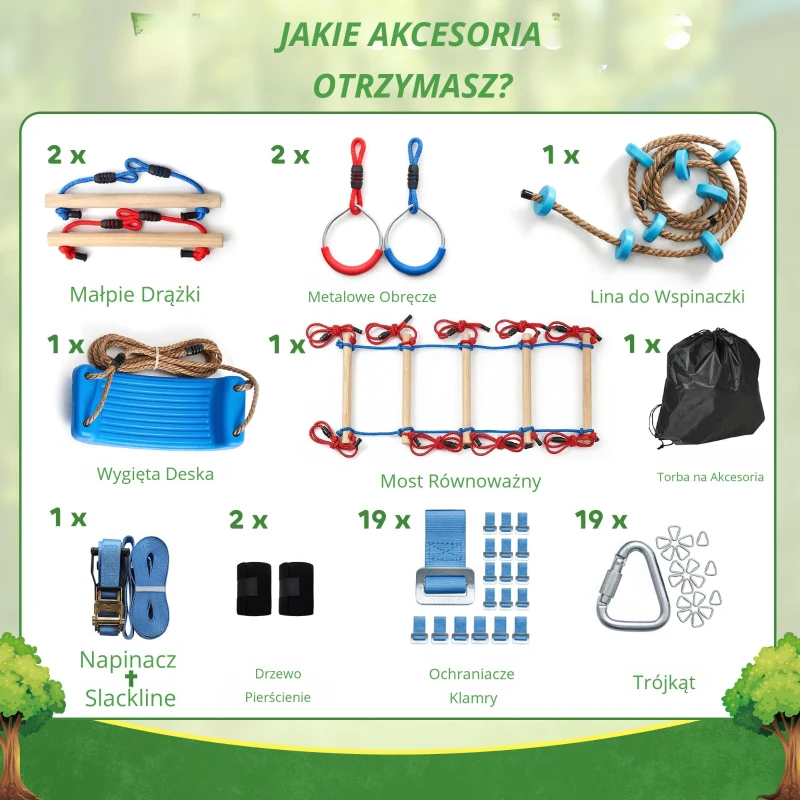 AIYAPLAY Ninja Line dla dzieci, zestaw 24 m Slackline z pierścieniami gimnastycznymi, 7 przeszkodami, mostem do balansowania, dla dzieci w wieku 3-6 lat, czerwony+niebieski