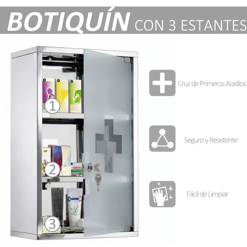 HOMCOM Armario de Medicinas Botiquín Gabinete de Primero Auxilios Acero Inox 3 Estantes Caja Colgante de Pared con Cerradura