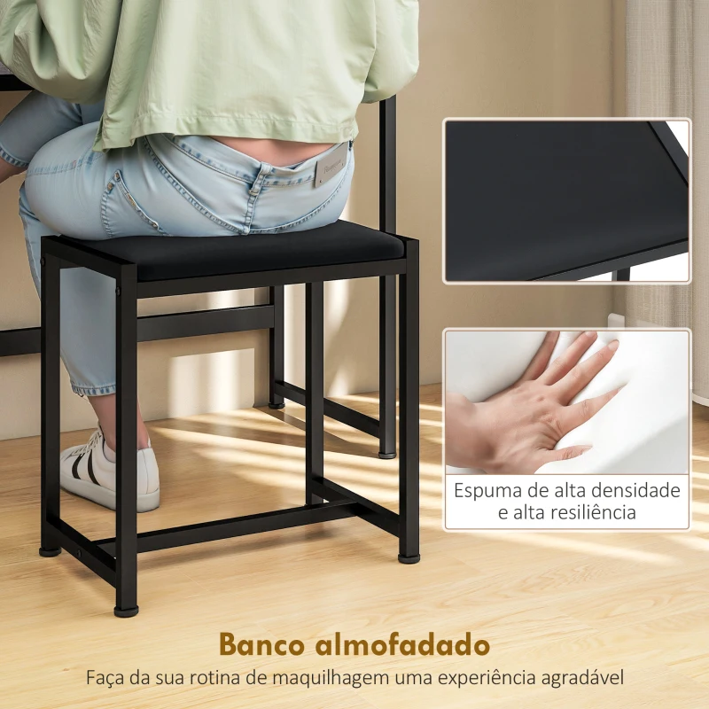HOMCOM Toucador de Maquilhagem com Espelho Tríptico Removível, Banco Prateleiras e Suporte para Secador 90x40x141 cm Cinzento