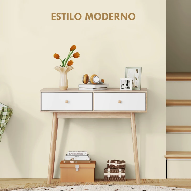 HOMCOM Mesa Consola con 2 Cajones Diseño Moderno en Roble y Blanco para Entrada Salón o Pasillo 86x35x75 cm