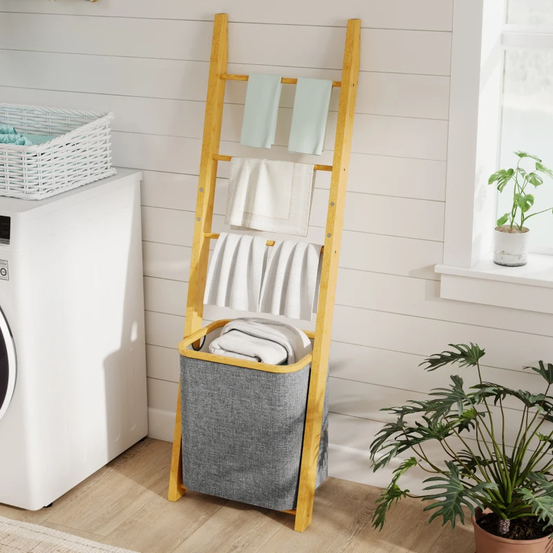 HOMCOM Estantería para Baño de Bambú Toallero de Pie con 3 Barras Cesto para Ropa Sucia Extraíble de 48 L Gris