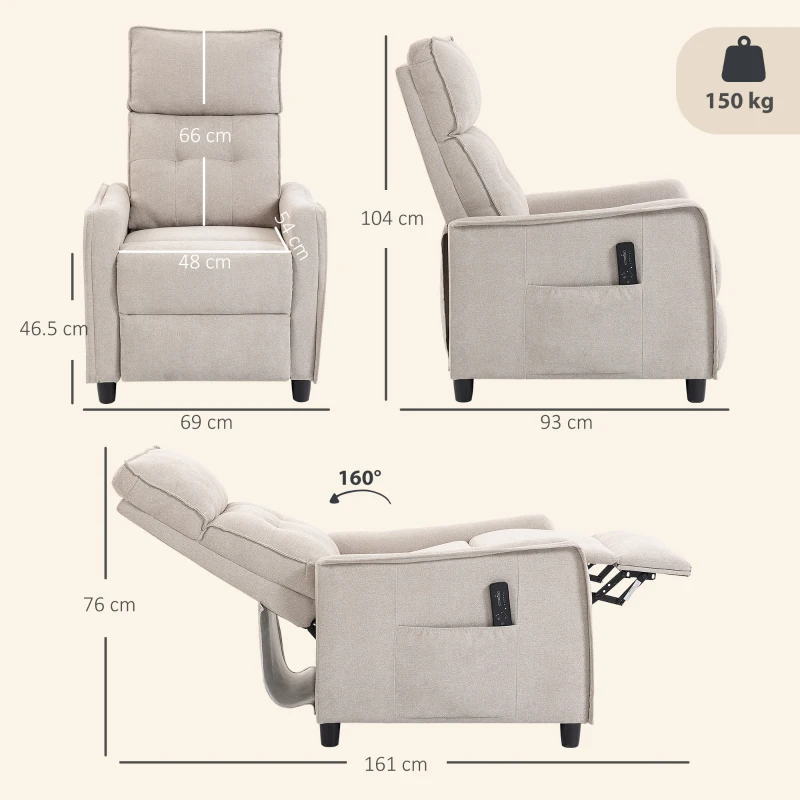 HOMCOM Fotoliu Masaj Reclinabil Manual din Material Textil Tip In cu Telecomandă, Crem