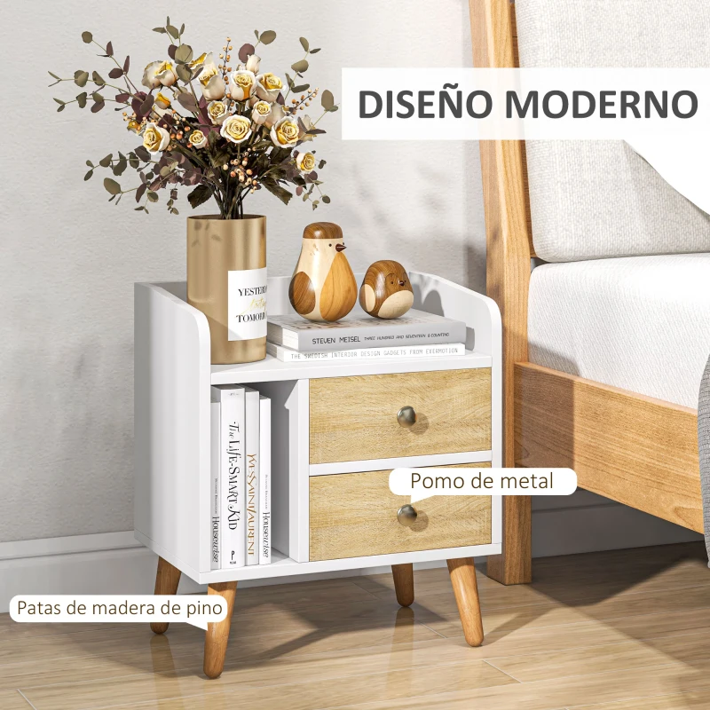 HOMCOM Mesilla de Noche con 2 Cajones Grandes y 1 Estante Abierto y Patas Elevadas de Pino Diseño Nórdico 43x30x49 cm