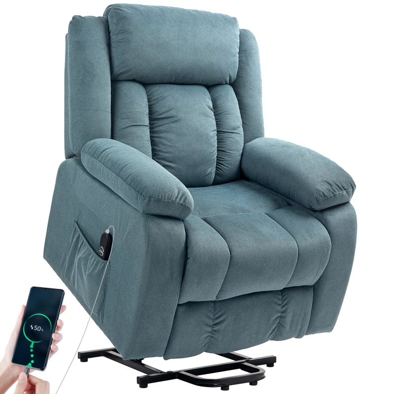 HOMCOM Aufstehsessel mit weichem Bezug, Recliner-Sessel mit Fernbedienung und Seitentaschen, Blau