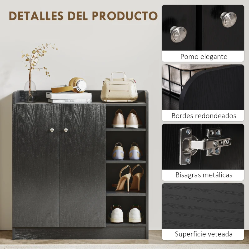 HOMCOM Mueble Zapatero de 2 Puertas Zapatero Estrecho con Estantes Ajustables para 12 Pares de Zapatos 83x30x90 cm Negro