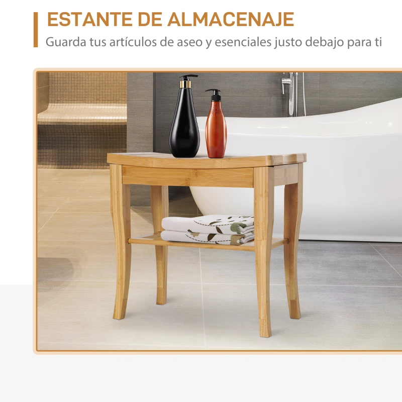 HOMCOM Taburete de Baño de Bambú con Estante Banco de Baño Impermeable y Robusta para Salón SPA 47,5x26x44,5 cm Natural