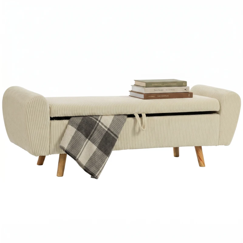 HOMCOM Sitzbank mit Stauraum, Polsterbank mit Cord-Optik, Holzfüßen und Gerollten Armlehnen, Beige