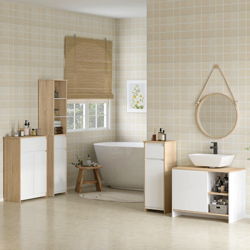 kleankin Armario Alto de Baño Mueble Columna de Baño con 1 Puerta Cajón y 3 Estantes Balda Ajustable para Cocina Salón 32,6x30x171,2 cm Madera Natural y Blanco