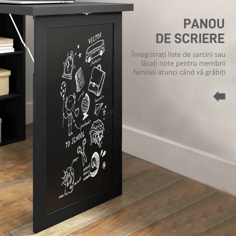 HOMCOM Birou Modern Pliabil cu Bibliotecă și Tablă, din Lemn și Metal, 98x51x153 cm, Negru