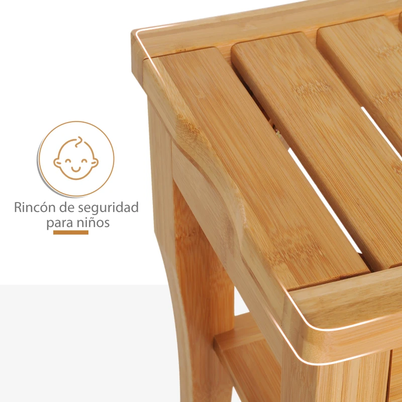 HOMCOM Taburete de Baño de Bambú con Estante Banco de Baño Impermeable y Robusta para Salón SPA 47,5x26x44,5 cm Natural