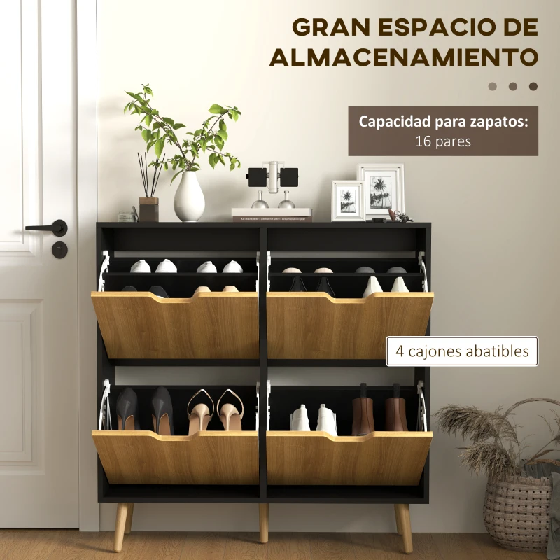 HOMCOM Zapatero Estrecho con 4 Cajones Abatibles y Estantes Ajustables para 16 Pares 95x26x95 cm Natural y Negro