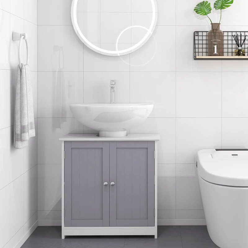 kleankin Bathroom Under-Sink Storage Cabinet, Space Saver Cabinet Organizer with Adjustable Shelf, Handles, Drain Hole, 60x60cm, White and Grey