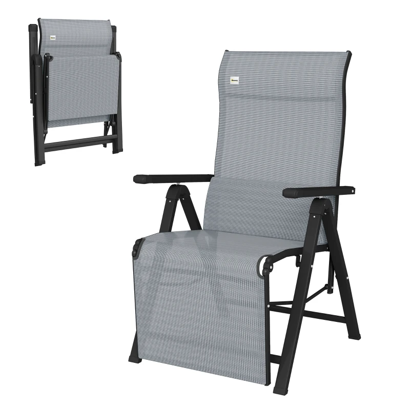 Outsunny Silla Reclinable Plegable de Jardín con Respaldo Ajustable en 9 Posiciones y Cojín Lumbar 70x65x111 cm Gris