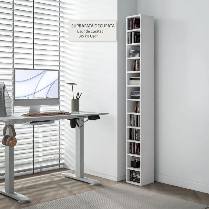 HOMCOM Raft Bibliotecă pentru CD-uri cu 12 rafturi, din MDF și panou aglomerat, 21x20x175 cm, Alb