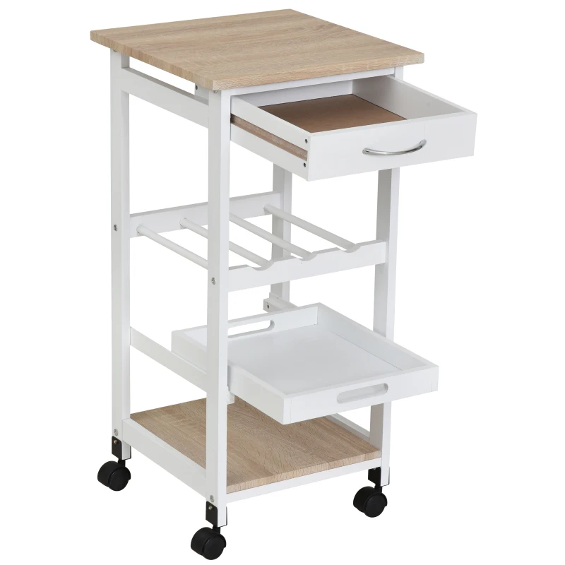 HOMCOM Carrito de Cocina Carro de Servicio Multifuncional de 4 Niveles con Ruedas Cajón Estantes y Botellero 37x37x76 cm Blanco