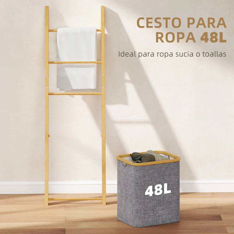 HOMCOM Estantería para Baño de Bambú Toallero de Pie con 3 Barras Cesto para Ropa Sucia Extraíble de 48 L Gris