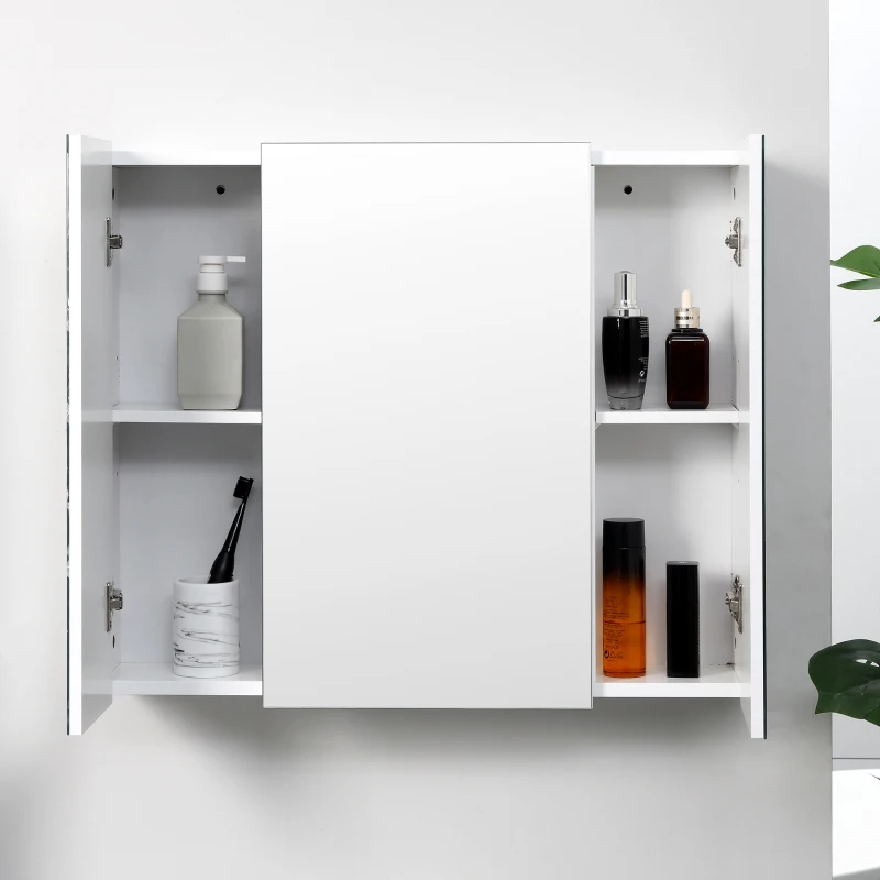 kleankin Mueble de Baño con Espejo Mueble de Pared para Baño con 3 Puertas y Estantes Internos Ajustables 70x15x60cm Blanco