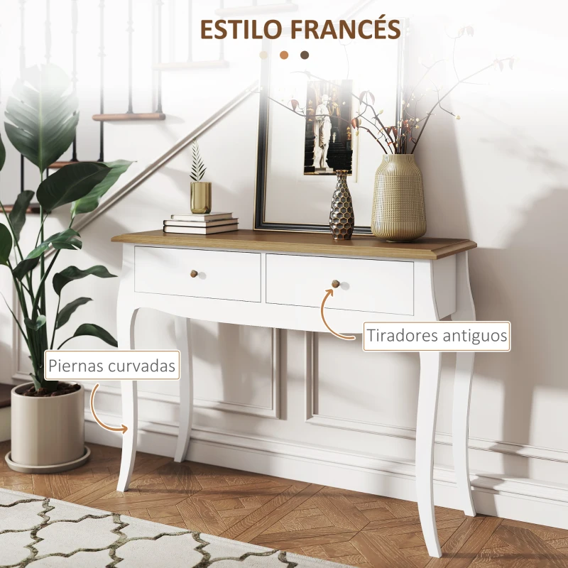 HOMCOM Mesa de Consola con 2 Cajones Estilo Francés para Pasillo Dormitorio Salón 100x35x76,5 cm Blanco y Marrón Oscuro