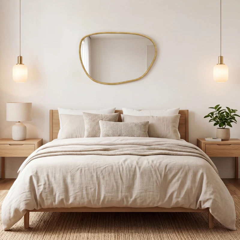 HOMCOM Miroir mural, miroir décoratif asymétrique 90x60cm en verre trempé pour salle de bain, chambre, salon, couloir, naturel