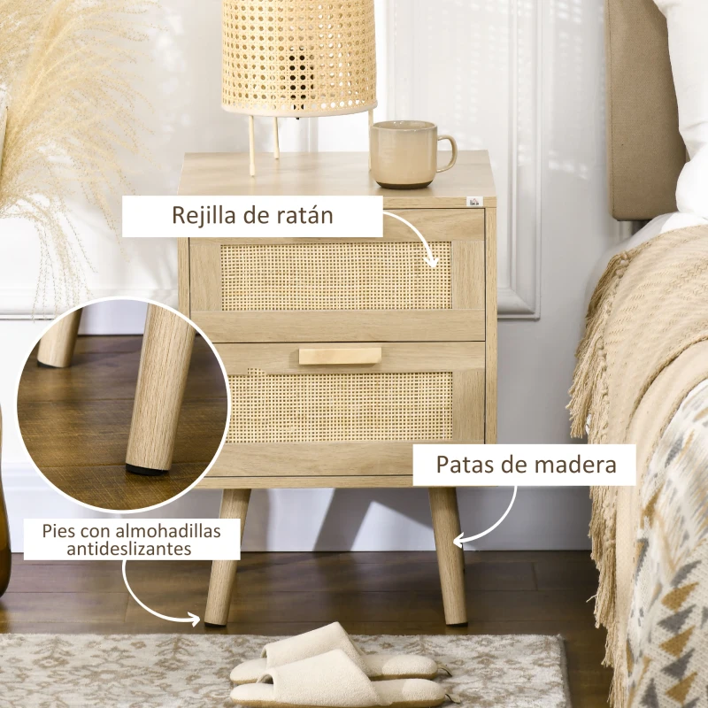 HOMCOM Mesita de Noche Estilo Cannage Mesilla de Noche con 2 Cajones y Patas de Madera para Salón Dormitorio 40x40x56cm Natural