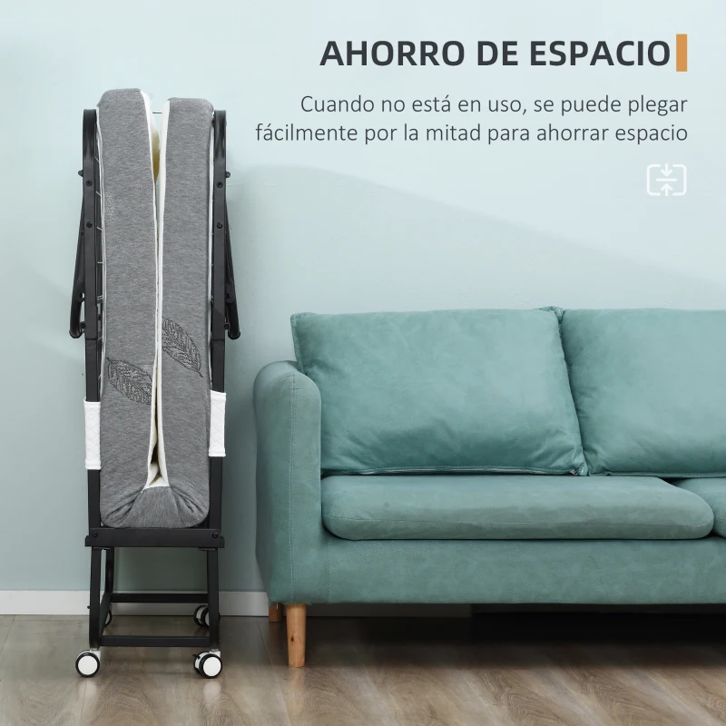 HOMCOM Cama Plegable 200x80 cm con 4 Ruedas, Cama de Camping Portátil, con Colchón Individual de 10 cm, Marco de Acero, Carga 150 kg, para Dormitorio, Salón, Oficina, Blanco