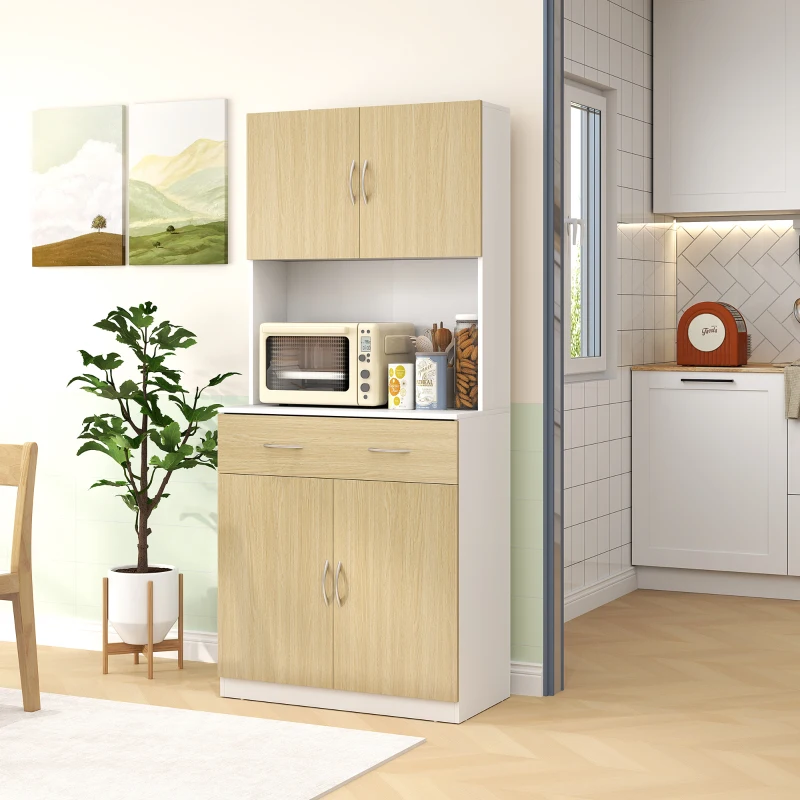 HOMCOM Mueble Auxiliar de Cocina con Puertas Cajón y Estantes Ajustables Antivuelco 80x40x180 cm Natural y Blanco