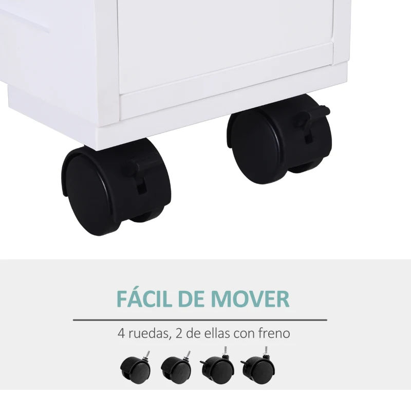 HOMCOM Mueble de Baño 2 Cajones Ahorra Espacio con 4 Ruedas 16x52x71,5 cm Blanco