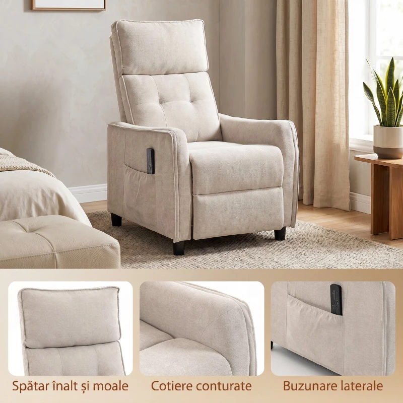 HOMCOM Fotoliu Masaj Reclinabil Manual din Material Textil Tip In cu Telecomandă, Crem
