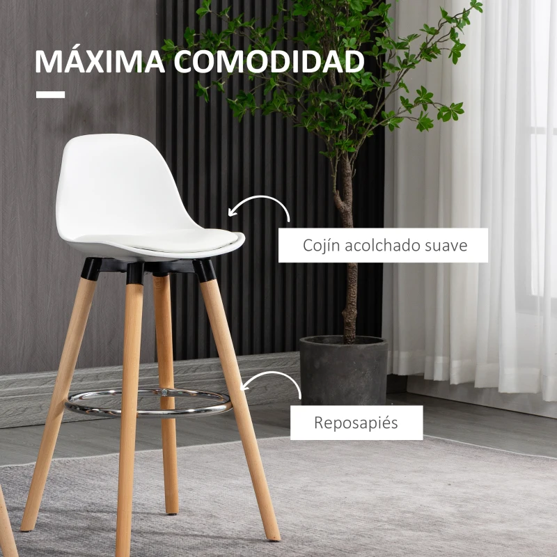 HOMCOM Conjunto de 2 Taburetes de Bar Tapizado en PU Taburetes Altos de Cocina con Asiento 69 cm 43x43x91 cm Blanco