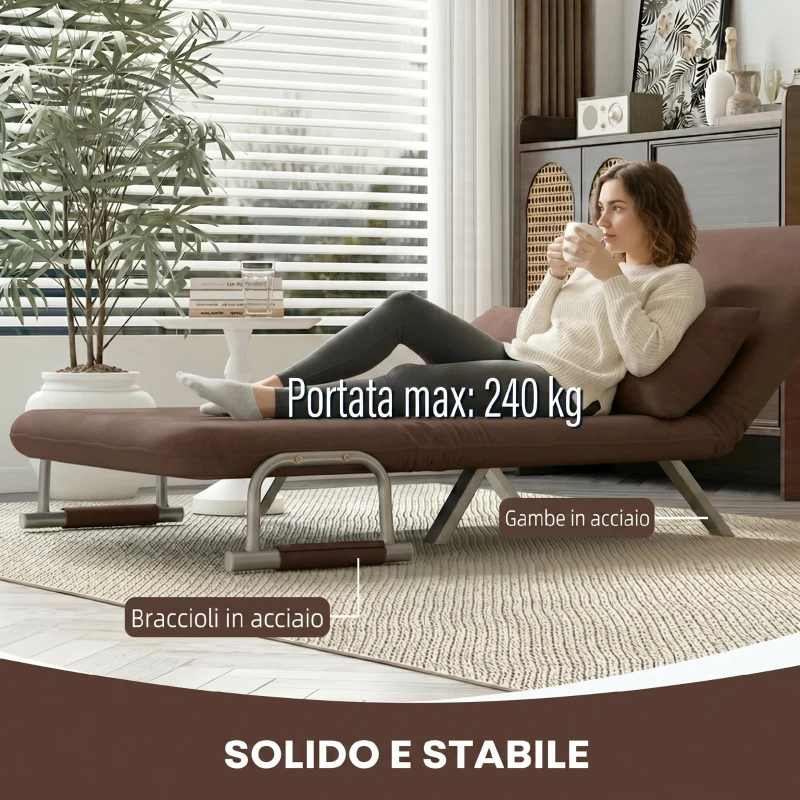 HOMCOM Divano Letto 2 Posti in Finta Pelle Scamosciata, Schienale Regolabile e 2 Cuscini, 111x80x78 cm, Marrone