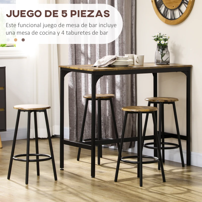 HOMCOM Set de Mesa Bar y 4 Taburetes Muebles Altos con Mesa de 110x50x89,5 cm y Taburetes de Ø30x60,5 cm Negro y Madera