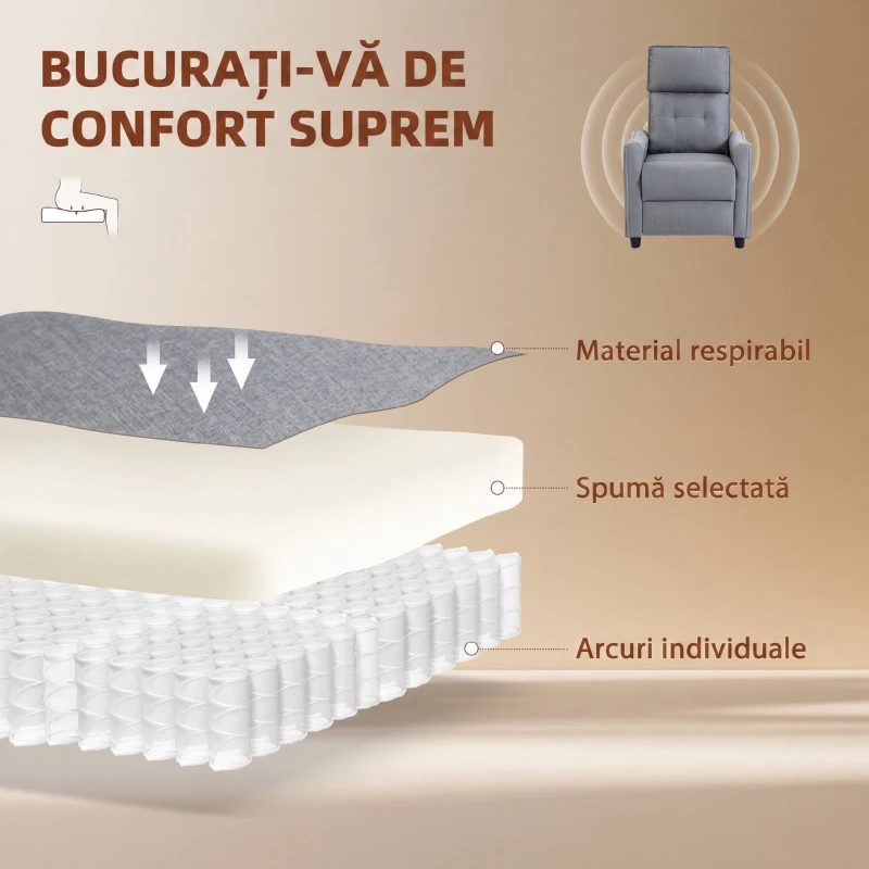 HOMCOM Fotoliu cu Masaj Reclinabil Manual, Material Tip In cu Telecomandă, Gri Deschis